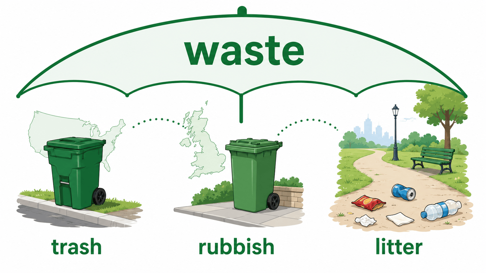 waste trash rubbish litter의 사용 맥락을 비교하는 영어 인포그래픽