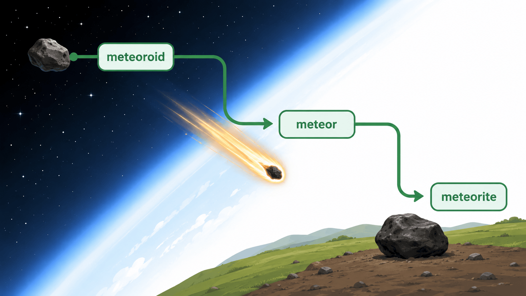 meteoroid, meteor, meteorite의 위치와 상태 차이를 비교한 인포그래픽