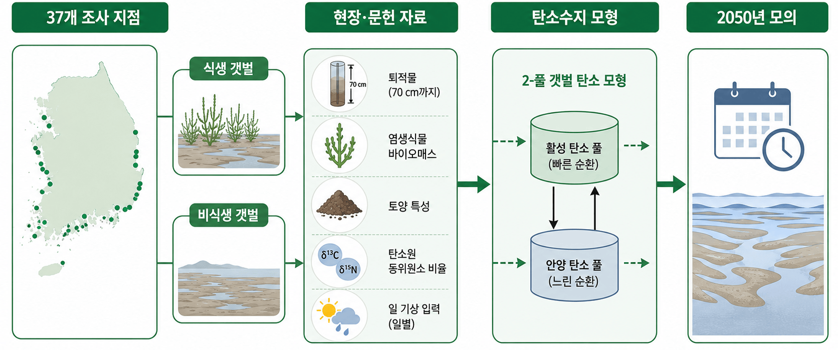 37개 연안 지점의 자료를 탄소수지 모형에 적용한 연구 흐름 삽화
