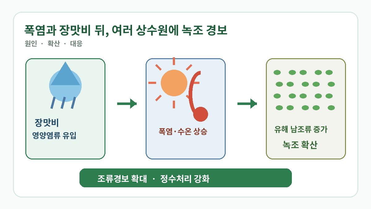 장맛비와 폭염 뒤 여러 상수원에 녹조가 확산하고 조류경보와 정수처리가 강화된 흐름