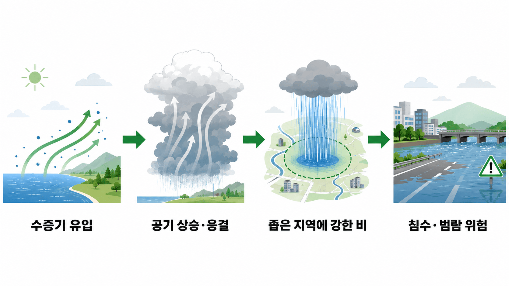 집중호우 발생 과정과 침수·범람 위험을 나타낸 개념도