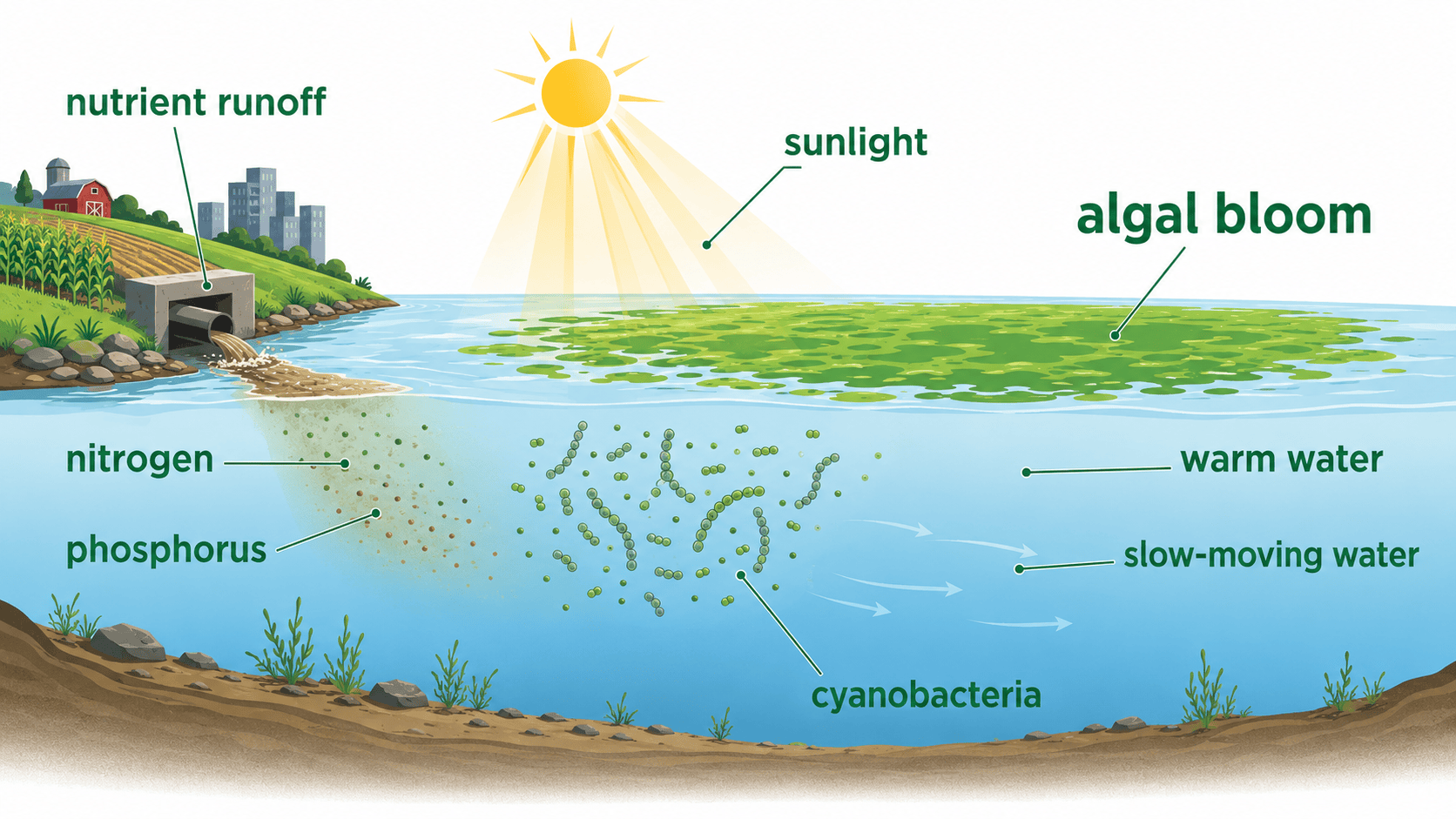 algal bloom 발생 장면 인포그래픽