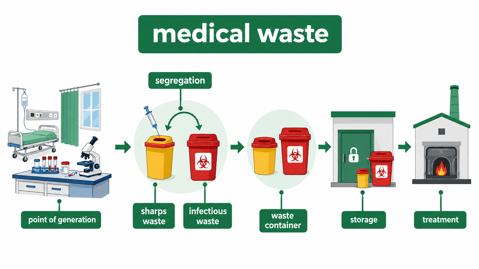 medical waste 발생부터 처리까지의 장면 인포그래픽
