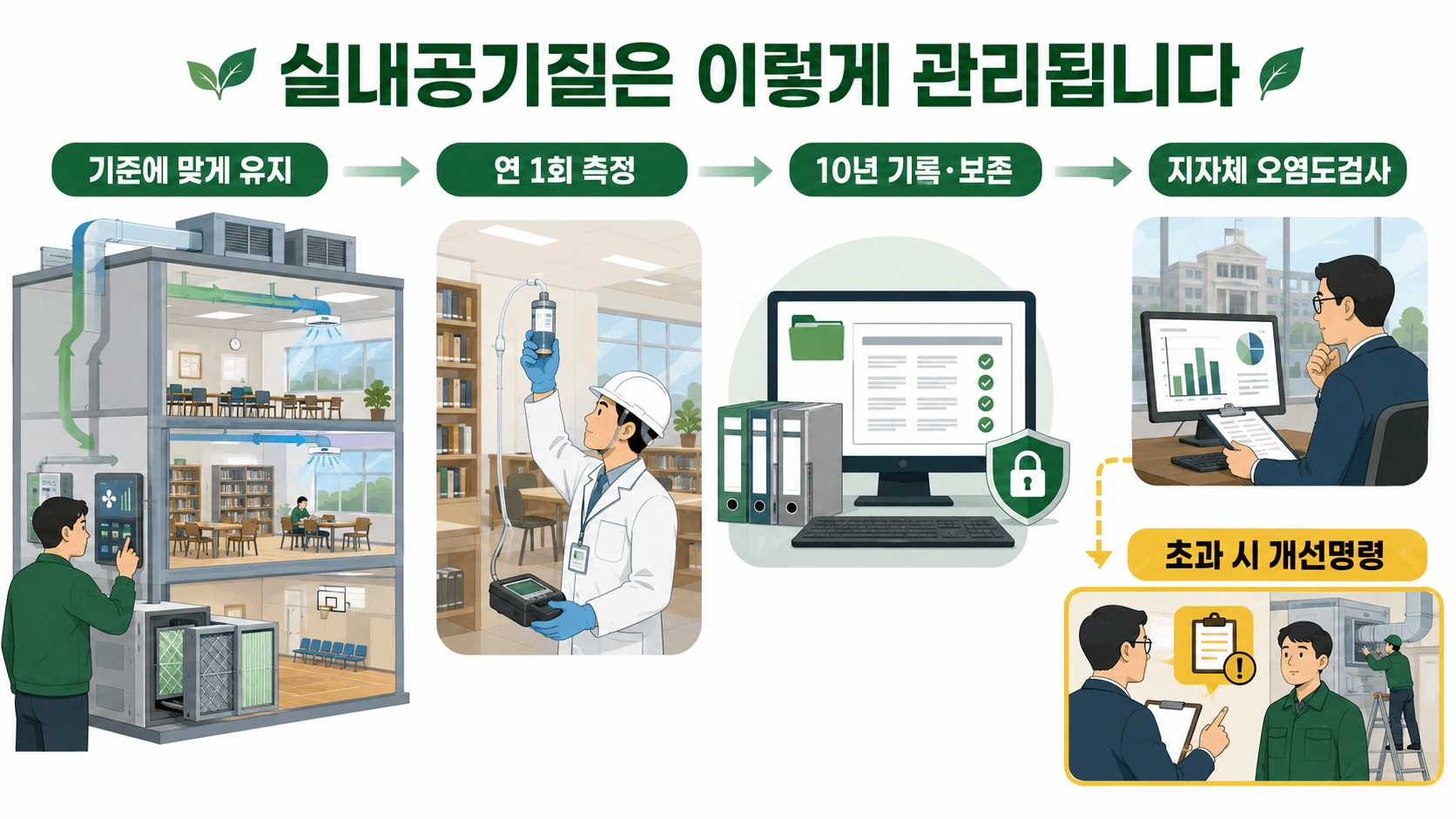 다중이용시설 관리자가 실내공기질을 기준에 맞게 유지하고 연 1회 측정해 10년간 기록·보존하며 지자체가 오염도검사와 개선명령을 하는 제도 작동 구조