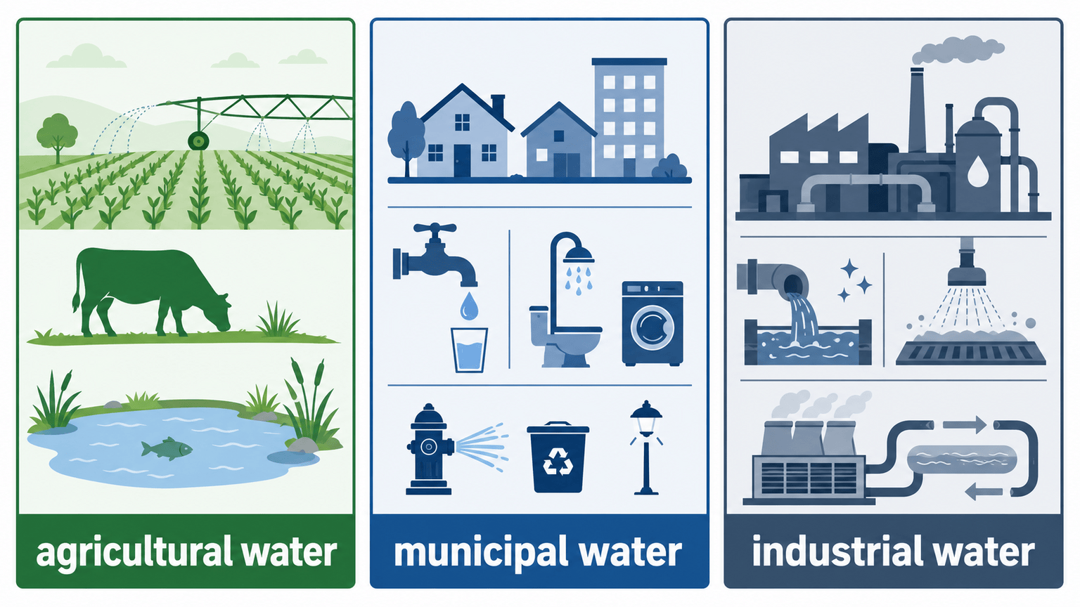 agricultural water와 municipal water, industrial water 비교 인포그래픽