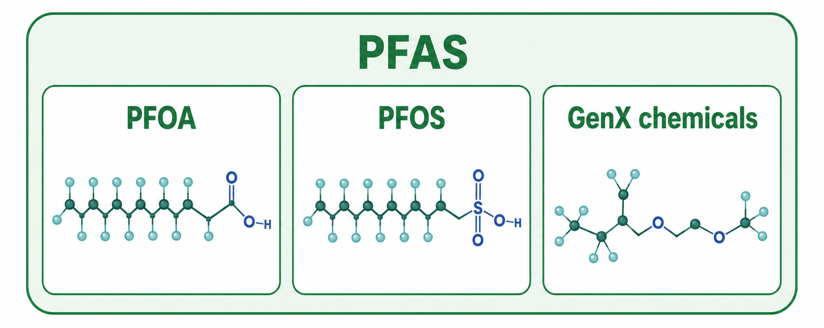 PFAS와 PFOA, PFOS, GenX chemicals 포함 관계 비교 인포그래픽