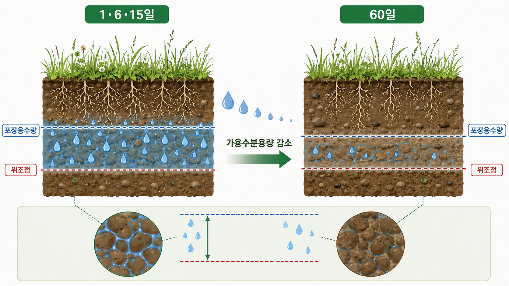 1·6·15일 처리보다 60일 처리에서 포장용수량과 위조점 사이의 가용수분용량이 줄어든 결과
