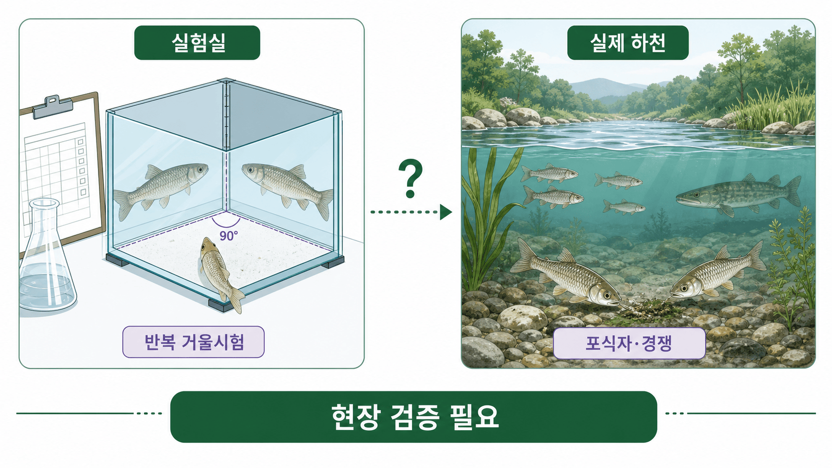 실험실 반복 거울시험과 포식자·경쟁이 있는 실제 하천을 대비해 현장 검증의 필요성을 보여주는 그림