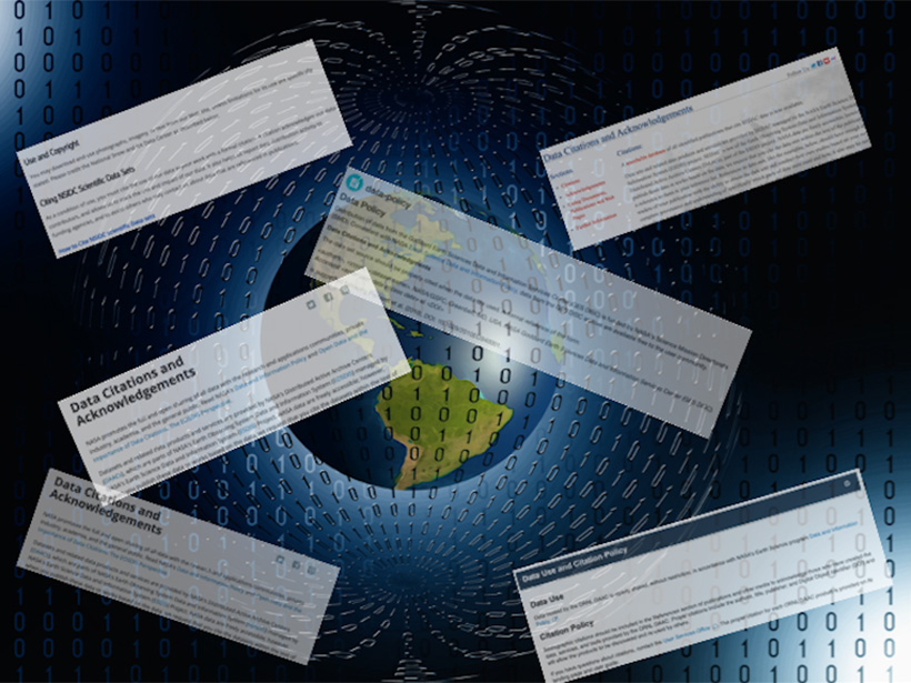 Illustration of Earth surrounded by zeros and ones and overlain by clippings from scientific articles
