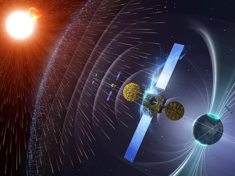 Artist’s depiction of Earth in a shower of cosmic rays coming from a background Sun.