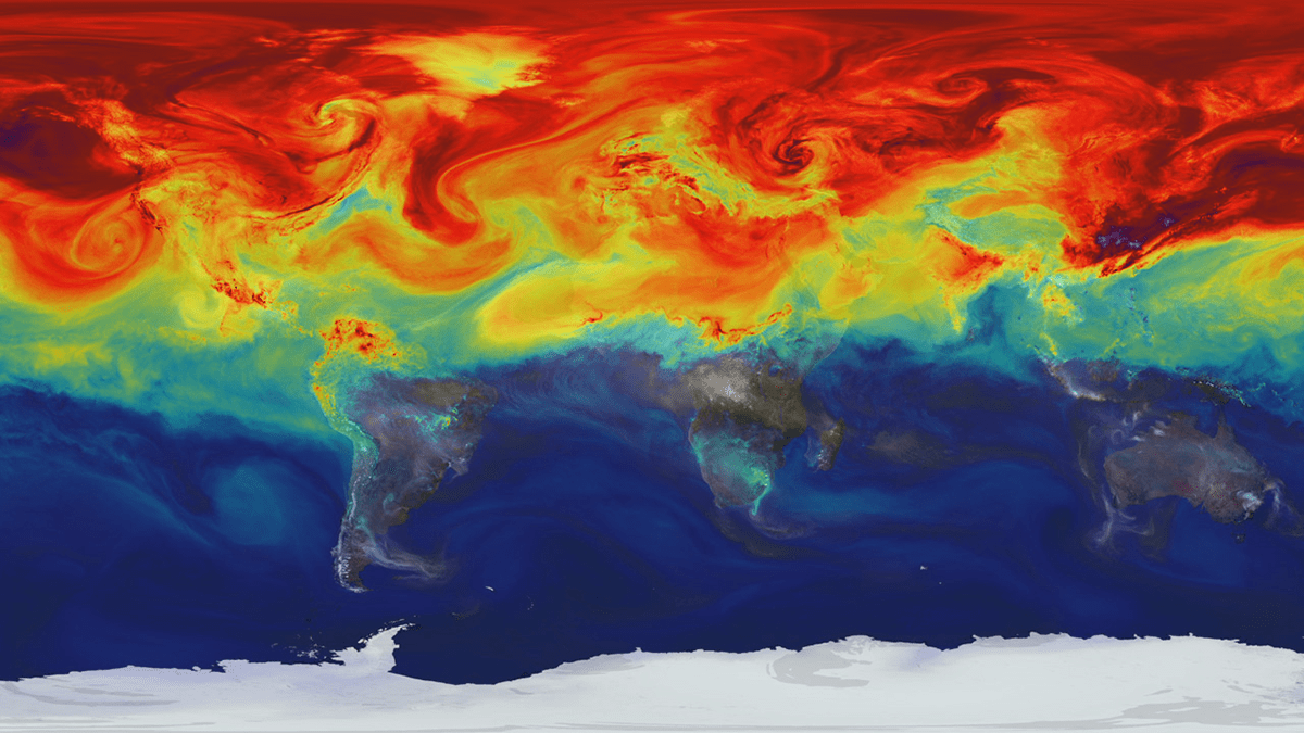 Figure showing modeled atmospheric carbon dioxide concentrations over an image of Earth’s surface, with warmer colors representing higher concentrations