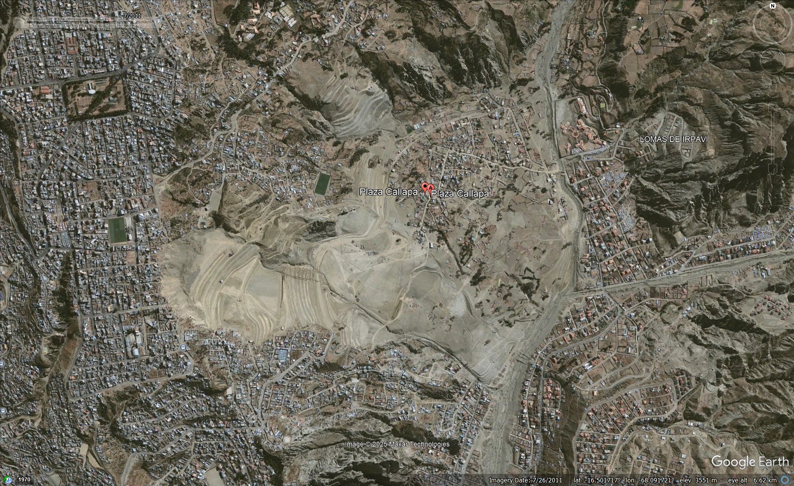 Google Earth imagery from July 2011 showing the aftermath of the Collapa landslide in La Paz, Bolivia.