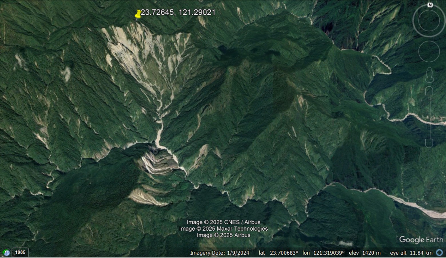 Google Earth image of the site of the 21 July 2025 landslide in Wanrong township, Taiwan.