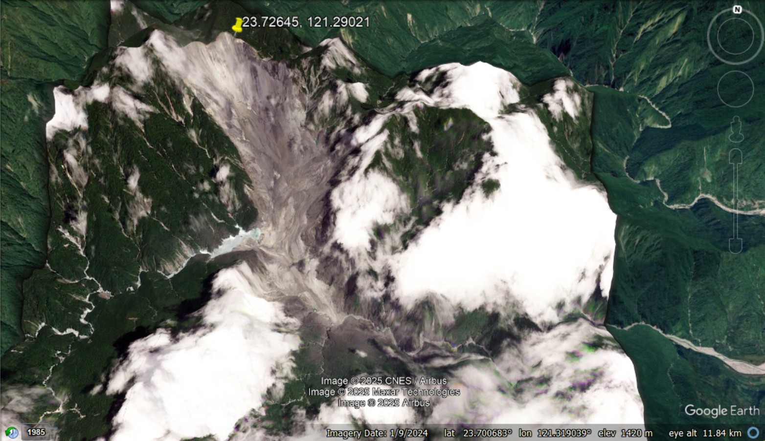 Planet Labs image, draped onto the Google Earth DEM, showing the site of the 21 July 2025 landslide in Wanrong township, Taiwan.