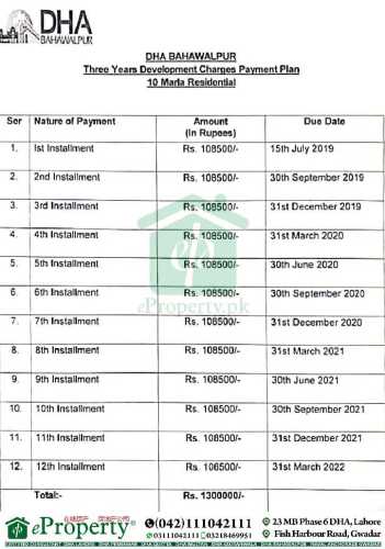 DHA Bahawalpur 10 Marla Development Charges Schedule