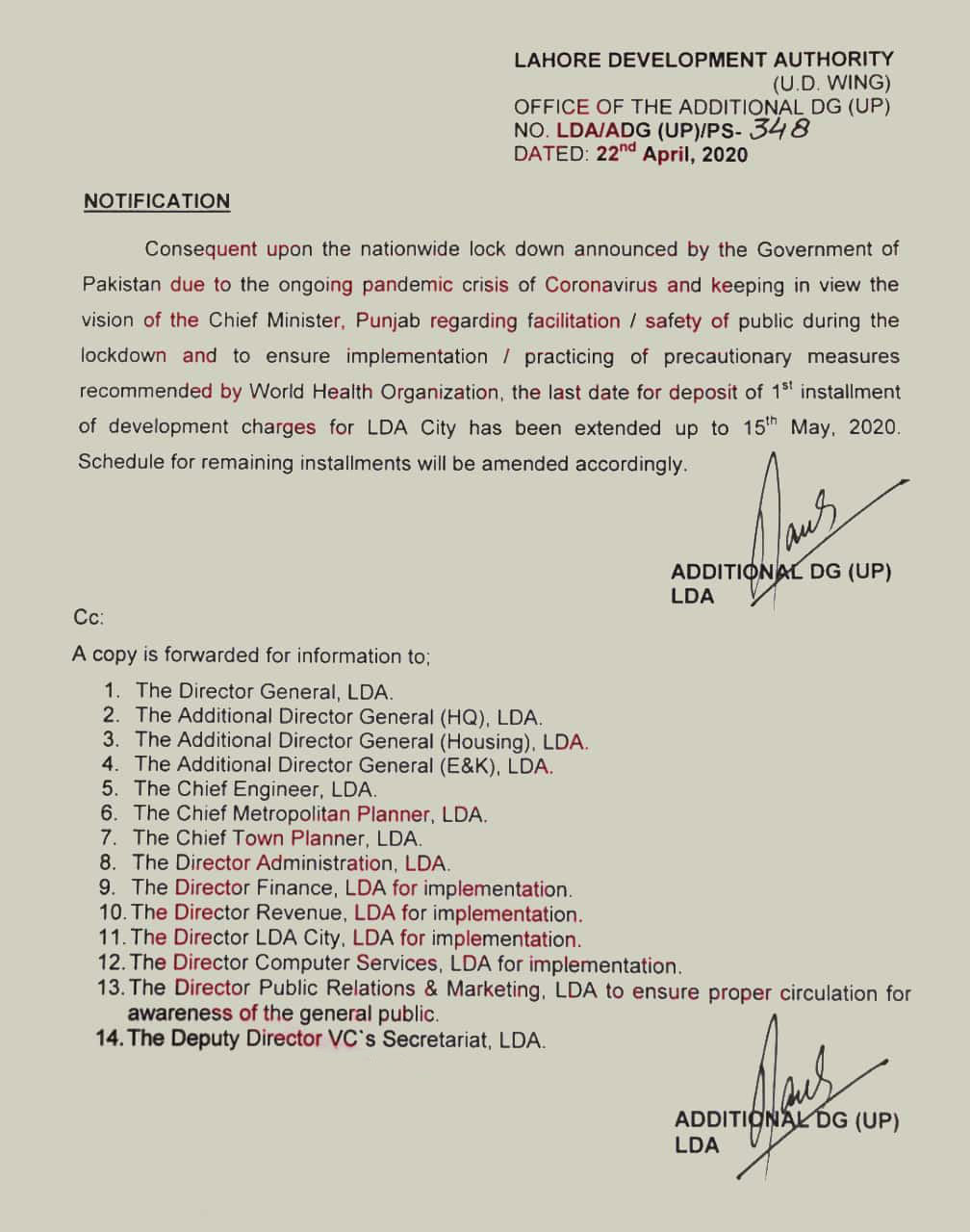LDA City Development charges date extended to 15th May, 2020