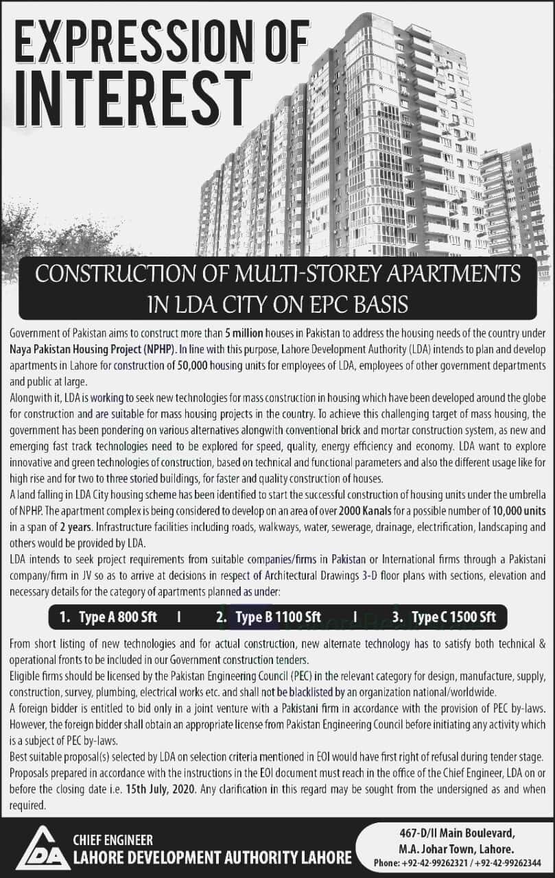 Construction of Multi-Story Apartments in LDA City on EPC Basis