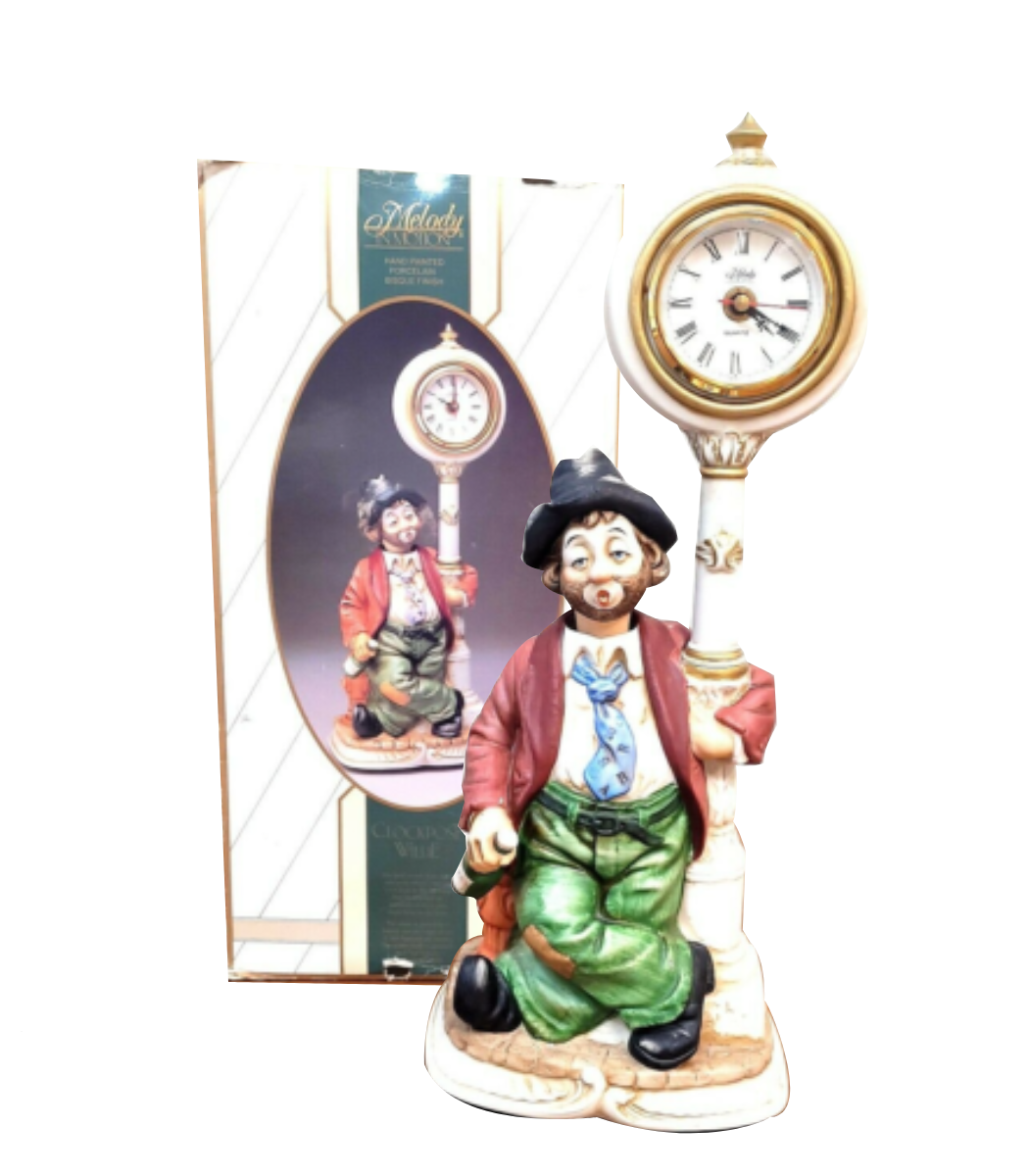 VINTAGE CLOCKPOST WILLIE Melody In Motion Porcelain Music Box Clock ORIGINAL BOX
