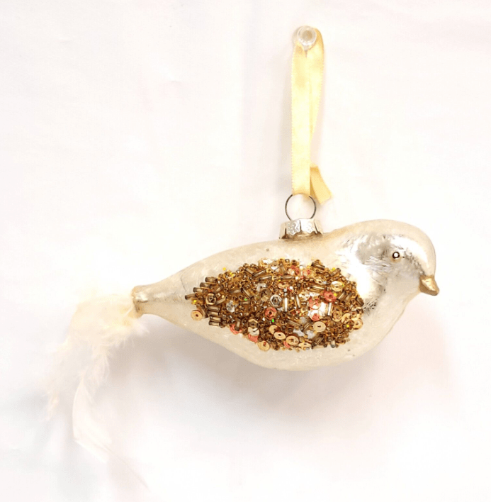 Glass Bird Ornament Feather Plume Sequins North Pole Trading Co 2011 Gold Silver