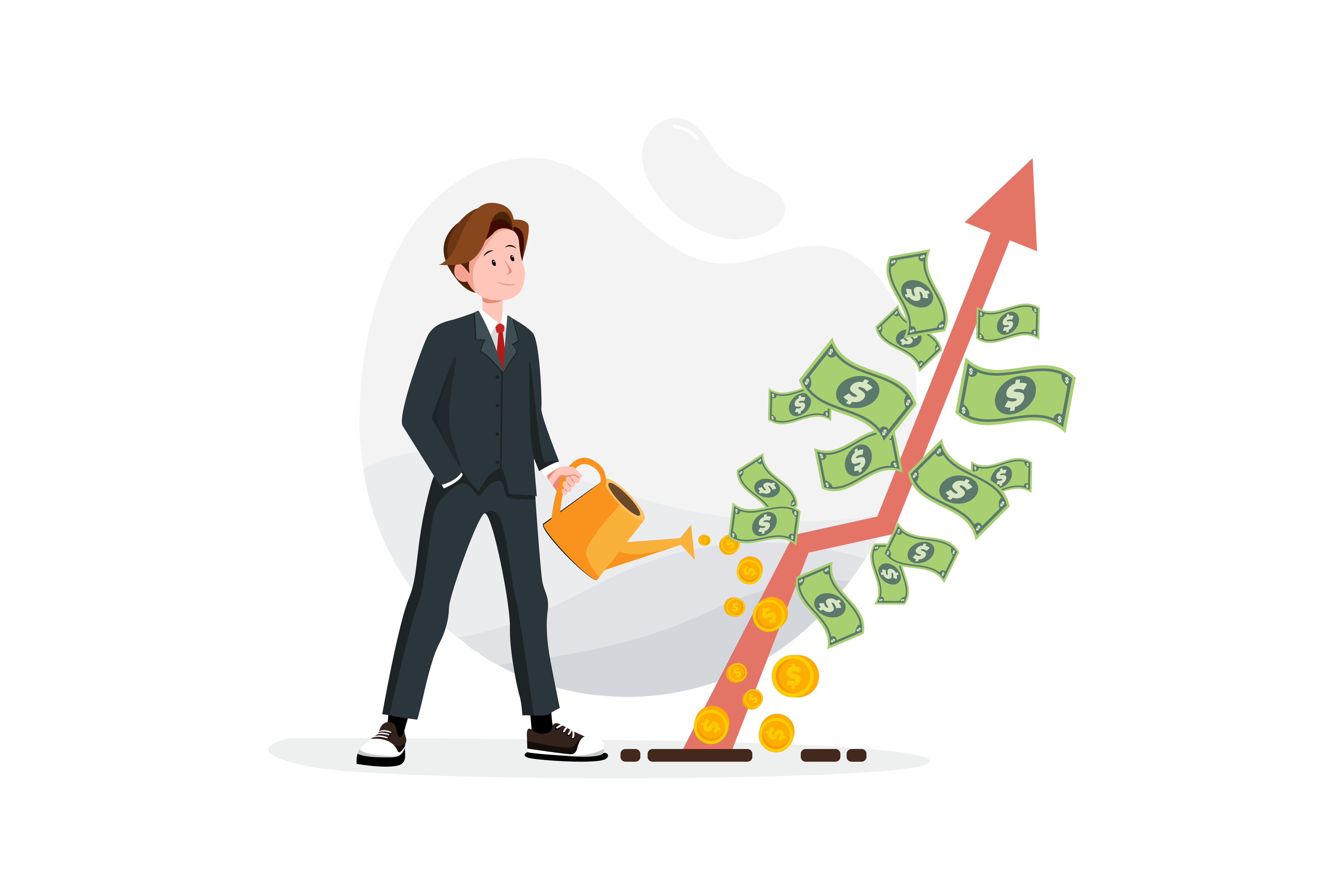 graphic of man watering tree growing money.