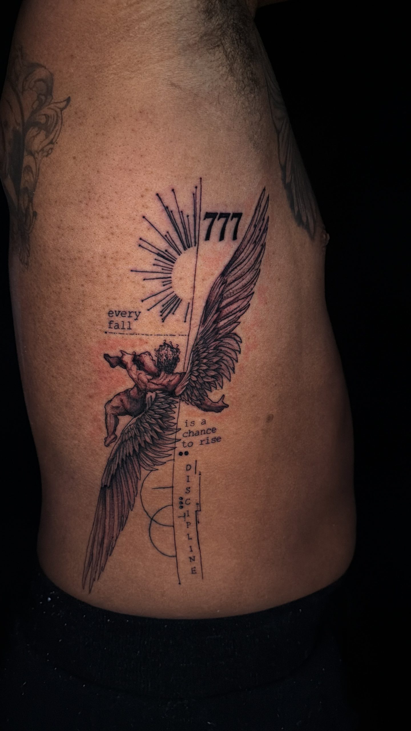 Fallen Angel 777 Tattoo by Janell at EQ Tattoo in West Deptford, NJ