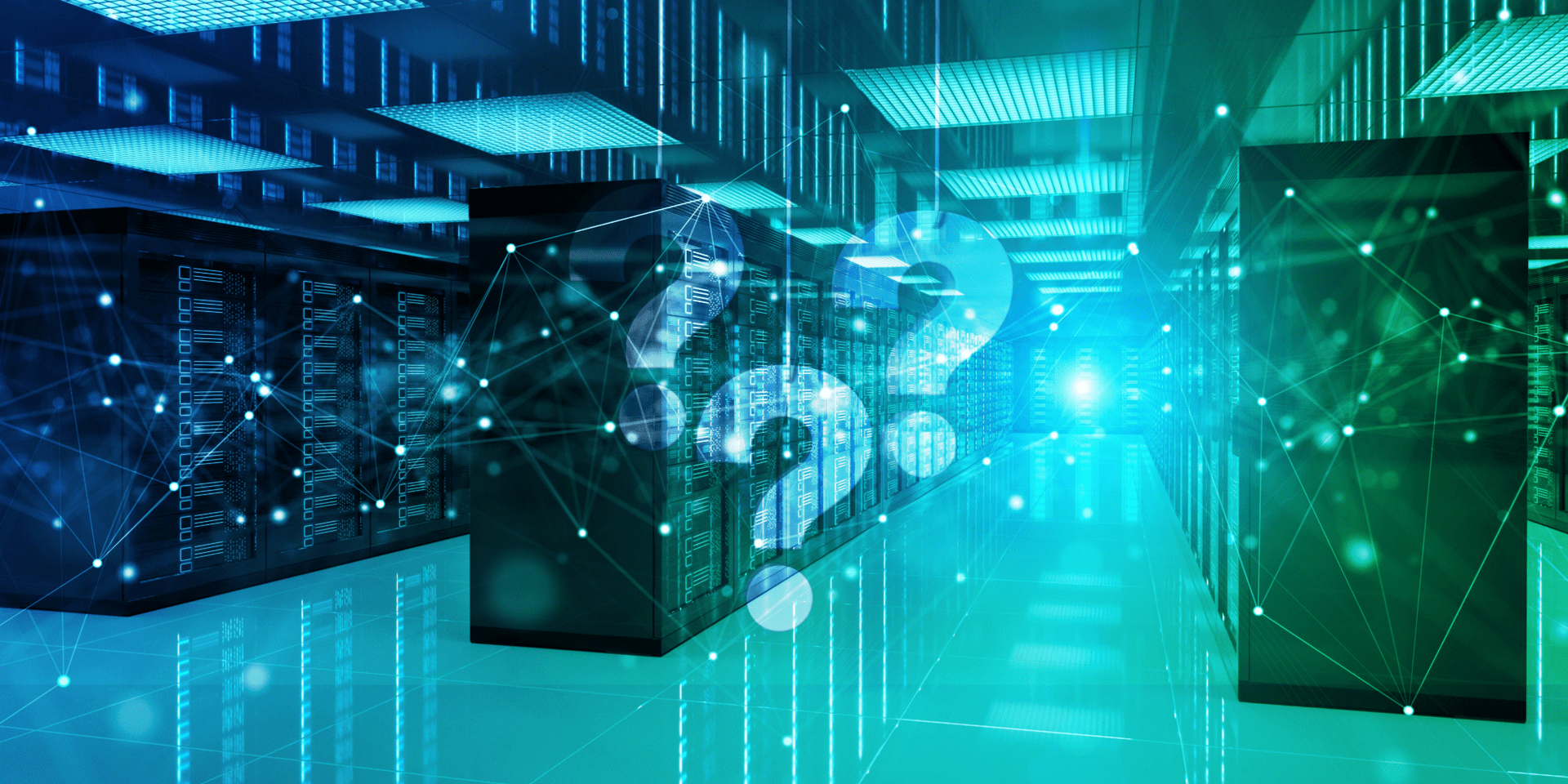 A data center with server racks, an AI network overlay, and a large transparent question mark in the center, suggesting technology or data uncertainty.