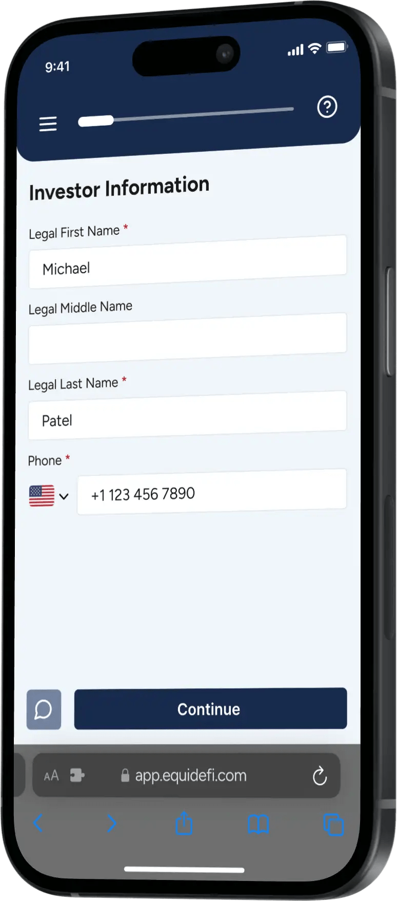 The first step of the investor workflow is really simple for investors, having to only fill in basic information. This makes EquiDeFi® one of the best platforms to raise capital for 506c offerings.