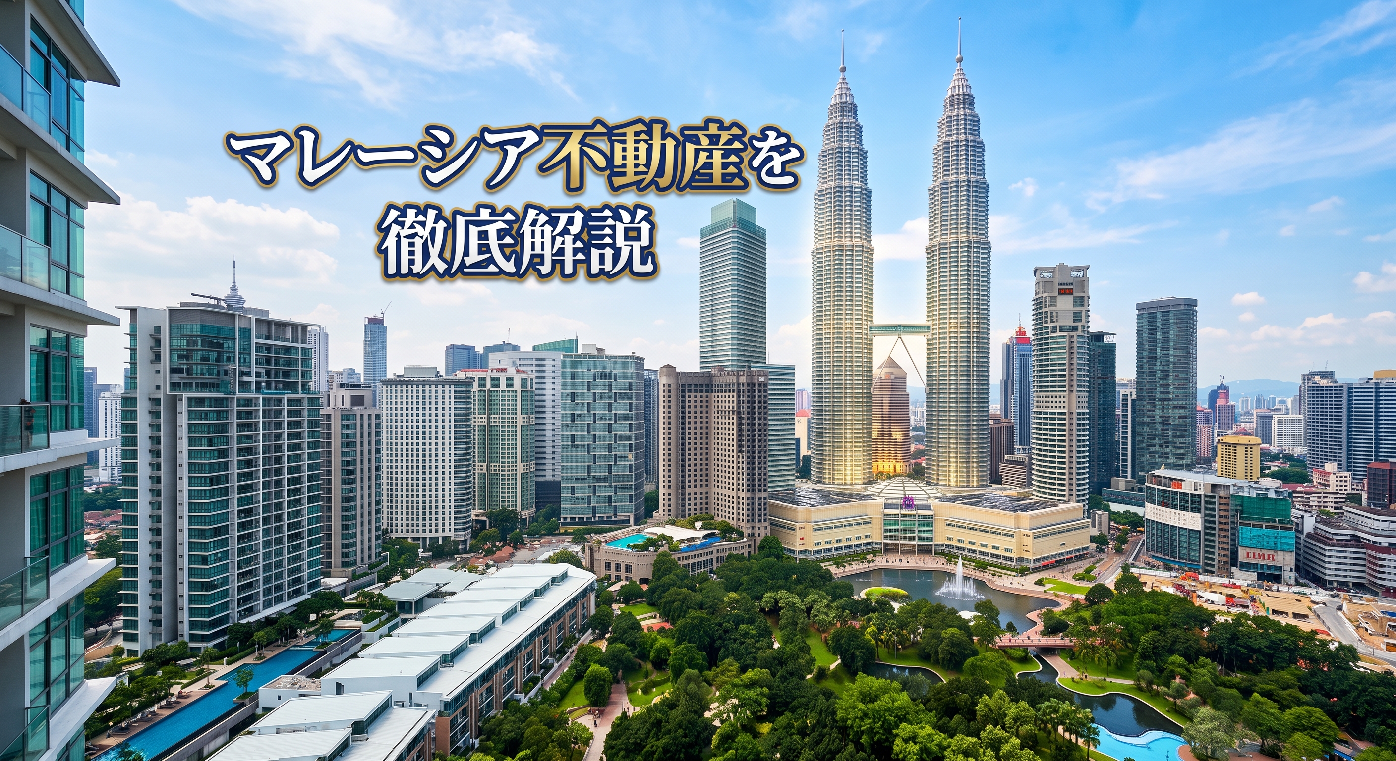 クアラルンプールの高層ビル群とペトロナスツインタワー、マレーシア不動産購入ガイドの解説ビジュアル