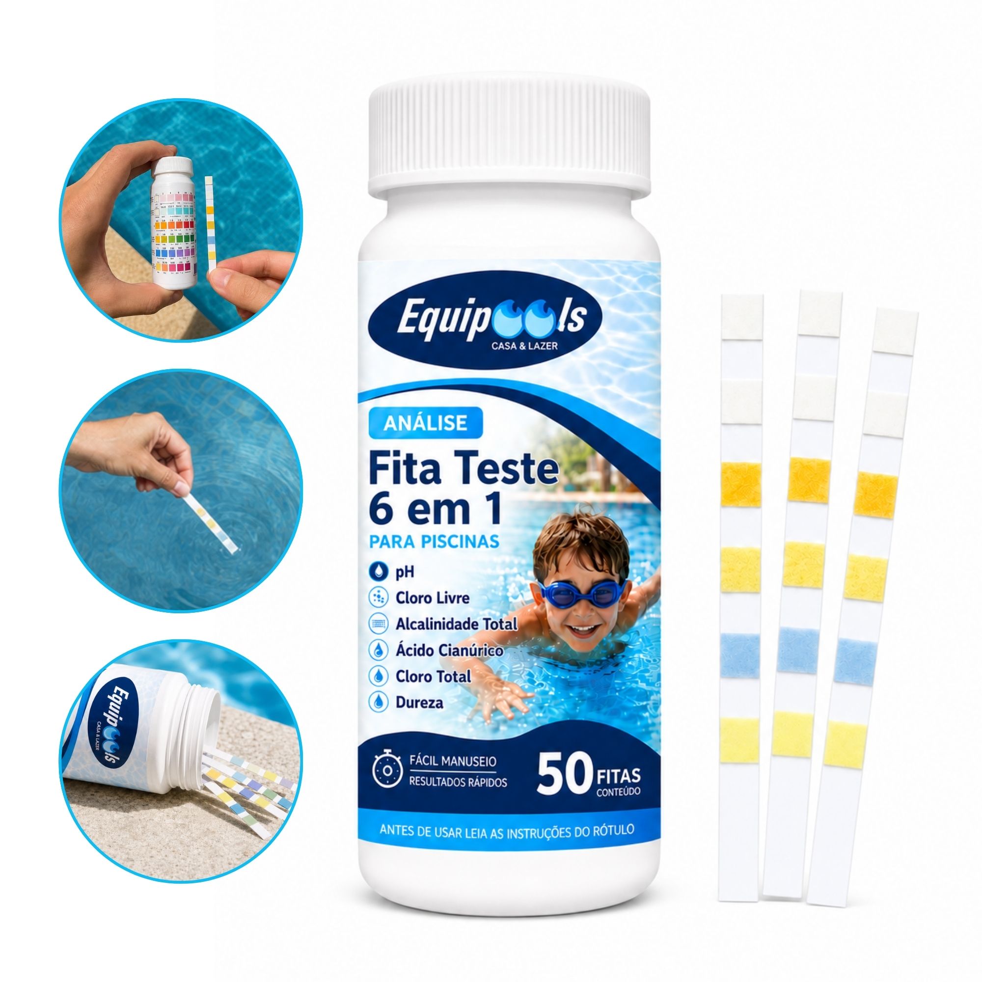 Fita Teste 6 em 1 Para Piscina Equipools 50 Unidades Tiras Medição Parâmetros Cloro Total Ph Alcalinidade Total Ácido Cianúrico Dureza Cálcica
