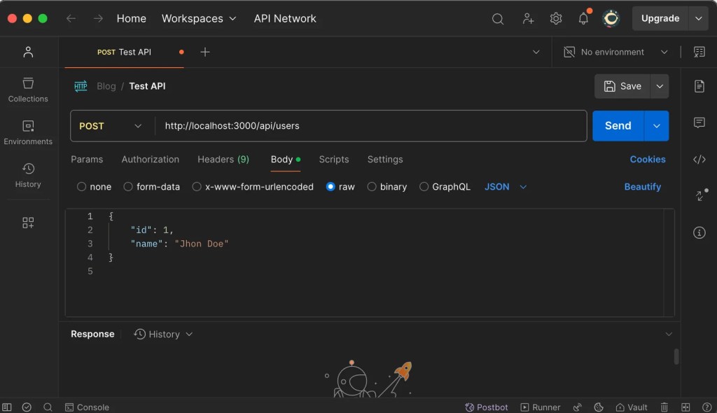 Screenshot of a Postman window showing an API request with a JSON body containing an ID and name field - Express.js REST API tutorial