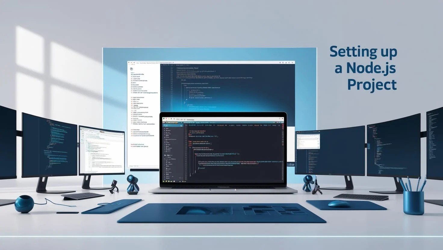 A developer working on a Node.js project on a laptop, with code displayed on the screen and terminals open.