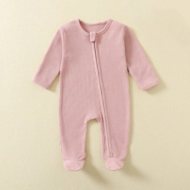 Organic Cotton Baby Rompers Waffle 100% Cotton Infant Boys Girls Jumpsuit Zipper Footed Solid Long-Sleeve Pajamas Sleepsuits 2