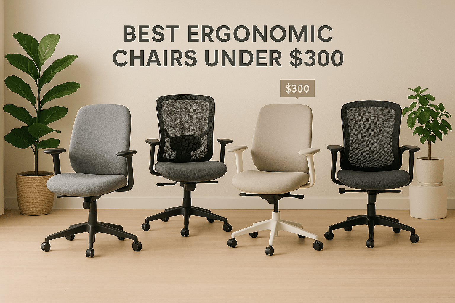 Four ergonomic office chairs under $300 displayed in modern showroom setting with natural lighting and plants - comparison of best budget ergonomic chair options