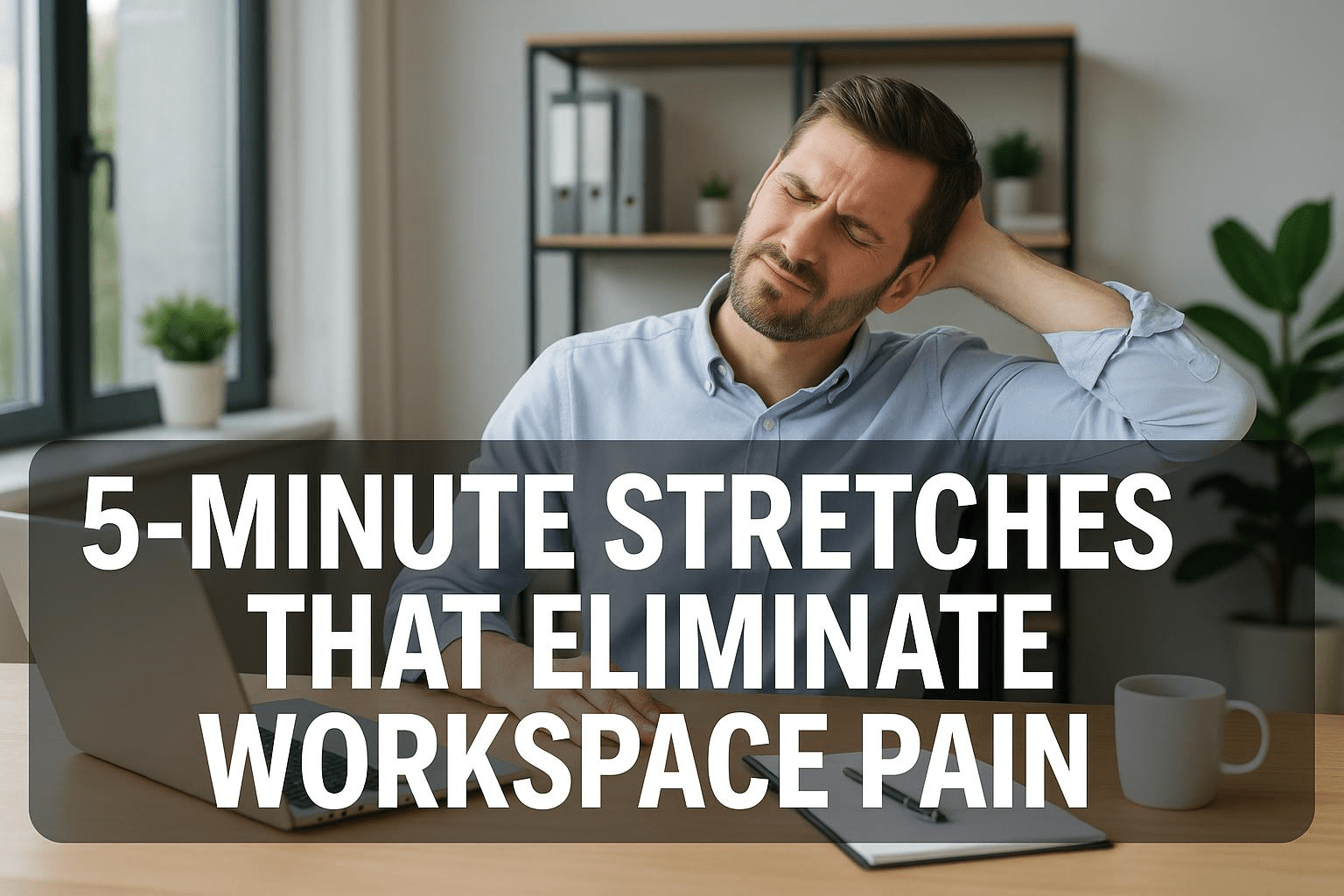 Professional man at modern office desk doing neck stretches with text overlay '5-MINUTE STRETCHES THAT ELIMINATE WORKSPACE PAIN.webp