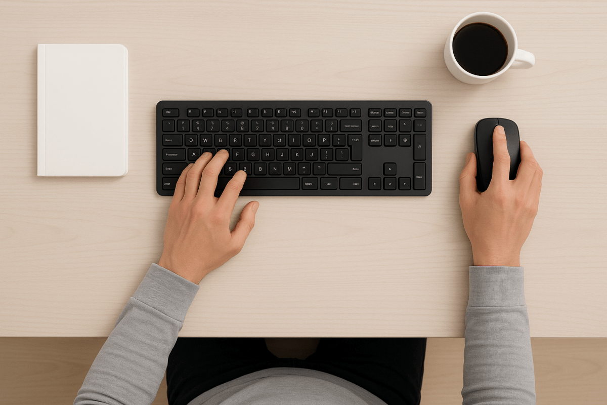 Ergonomic keyboard and mouse positioning with neutral wrist alignment and proper hand placement