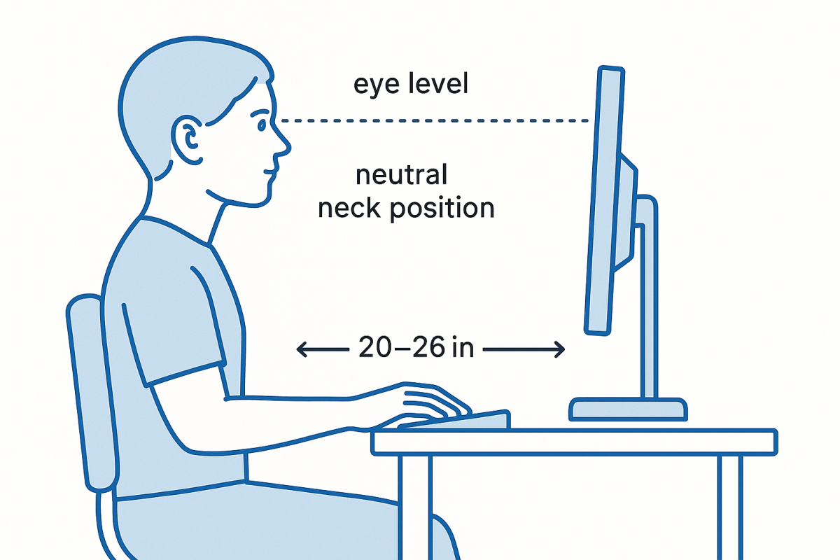 Correct monitor positioning at eye level with 20-26 inch distance for ergonomic workspace setup