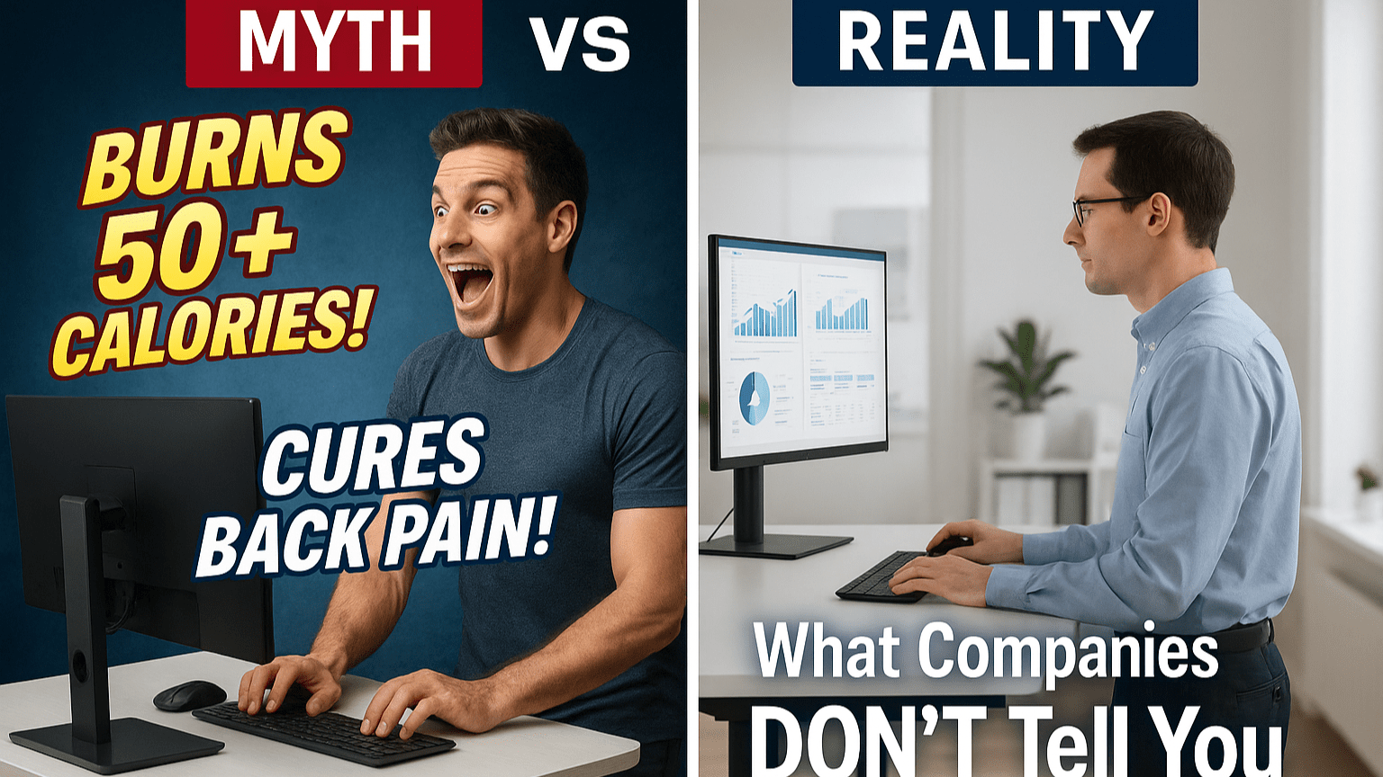 Standing desk myths versus reality comparison showing calorie burn and back pain claims.webp
