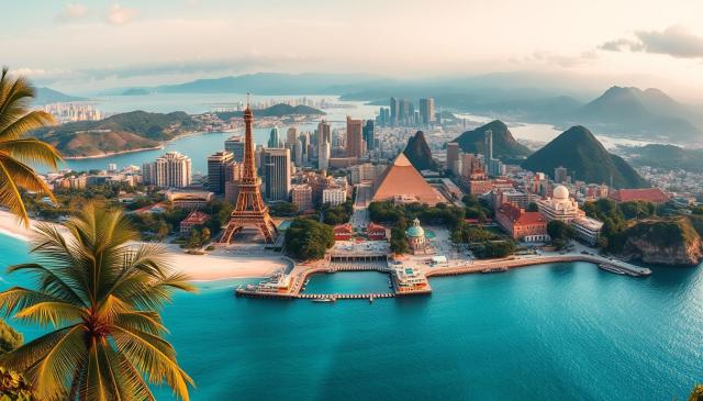 Aerial view of a vibrant coastal city featuring iconic landmarks such as the Eiffel Tower and a pyramid, surrounded by water and lush greenery.