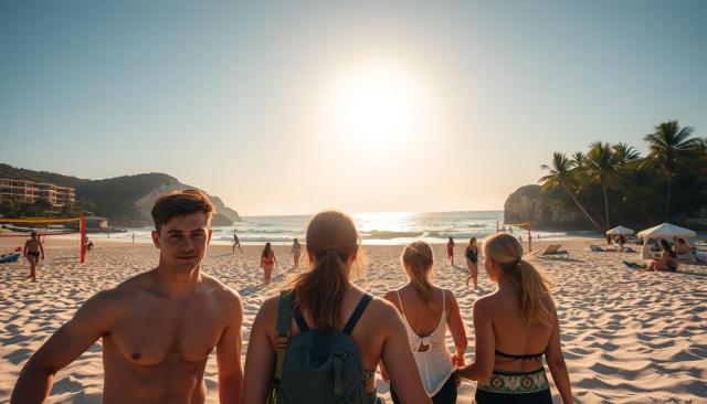 A group of young adults walking along a sandy beach during sunset, with the sun shining brightly over the ocean and palm trees in the background.