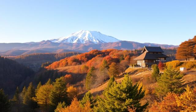 A scenic view of a traditional Japanese house surrounded by vibrant autumn foliage, with snow-capped mountains in the background.