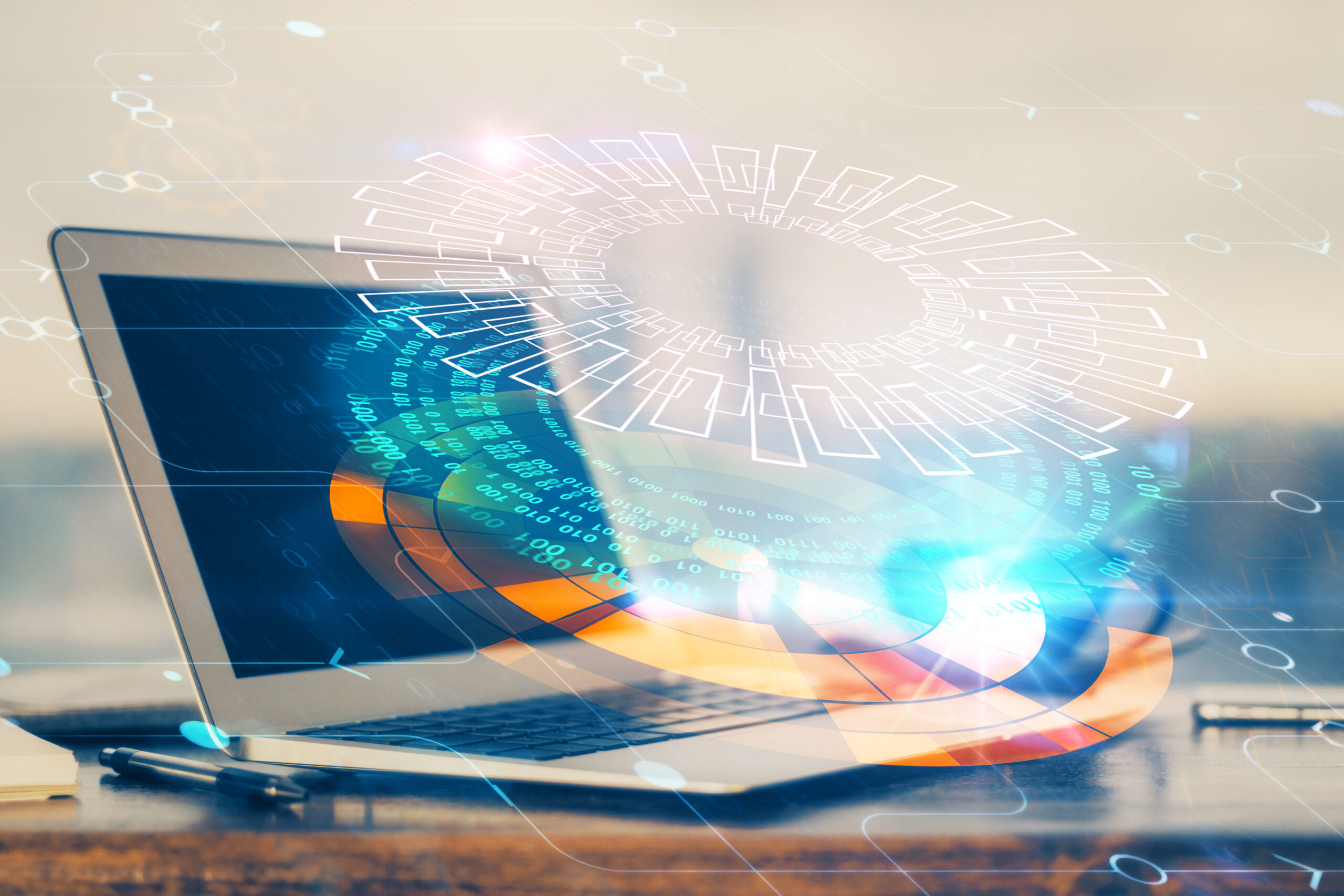 Double exposure of desktop computer and technology theme hologram. Concept of software development.