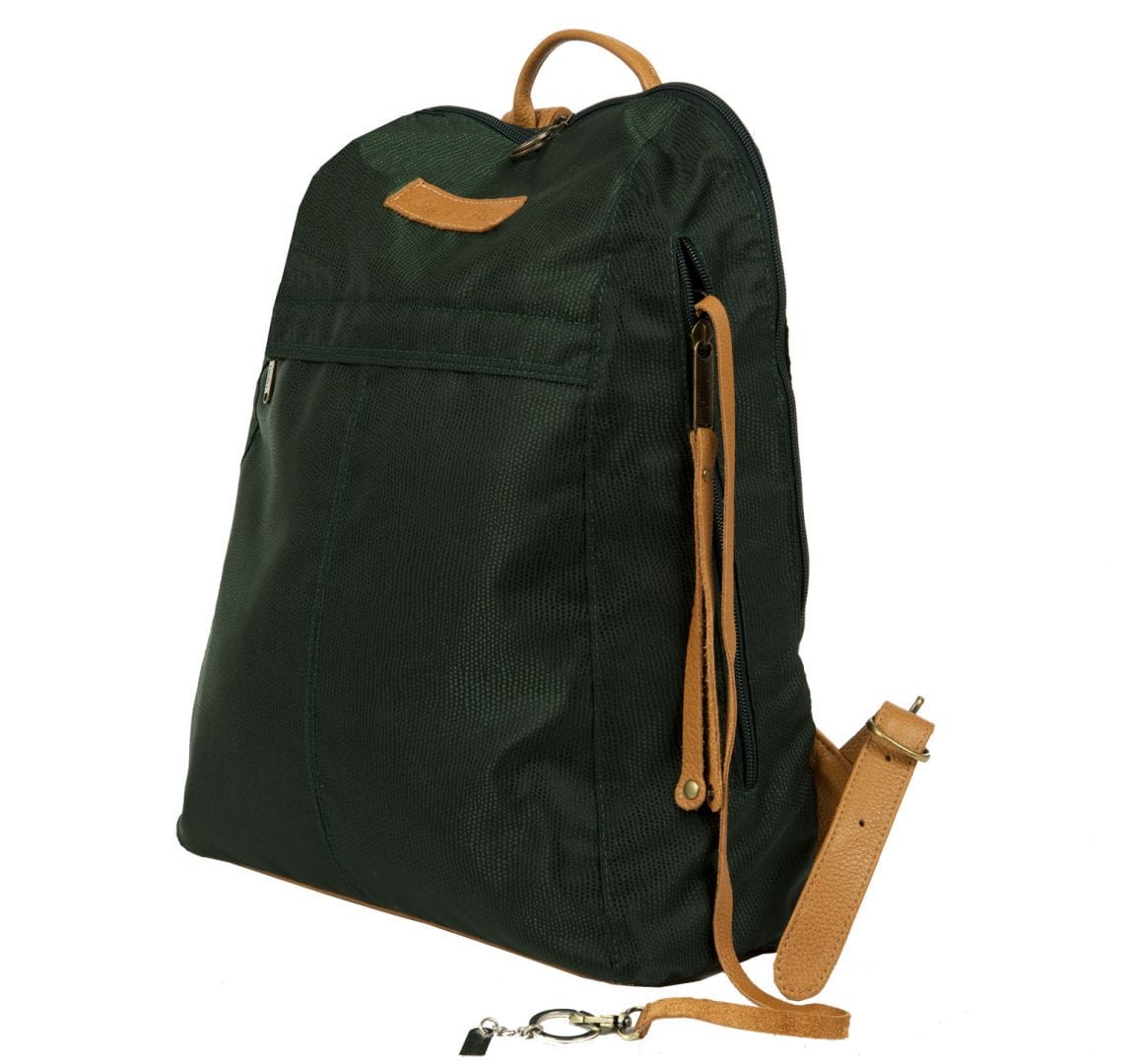 City Women S Backpack Green Nylon And Camel Leather Backpack