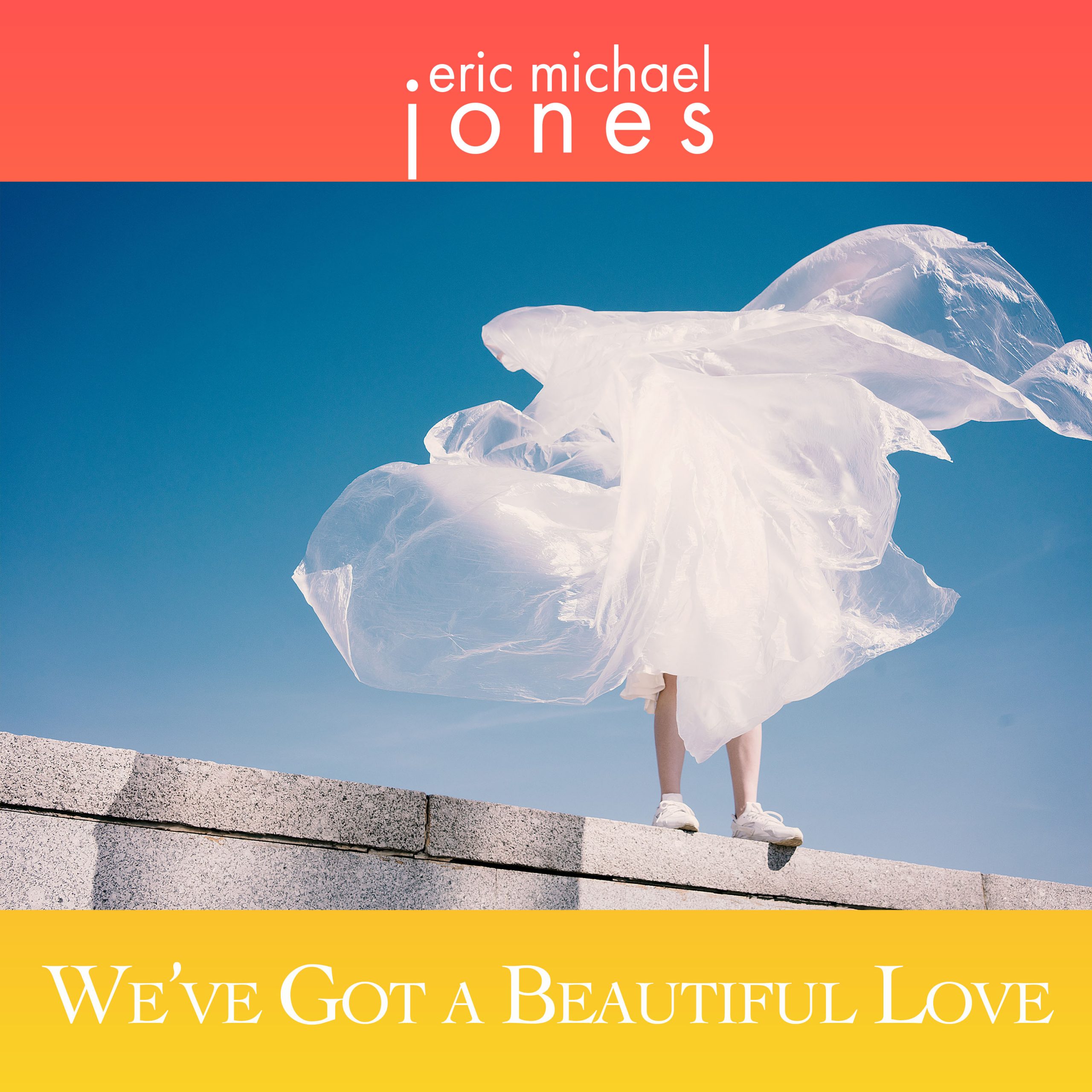 Cover art for We've Got A Beautiful Love, showing a figure standing on a wall and obscured by flowing plastic wrap