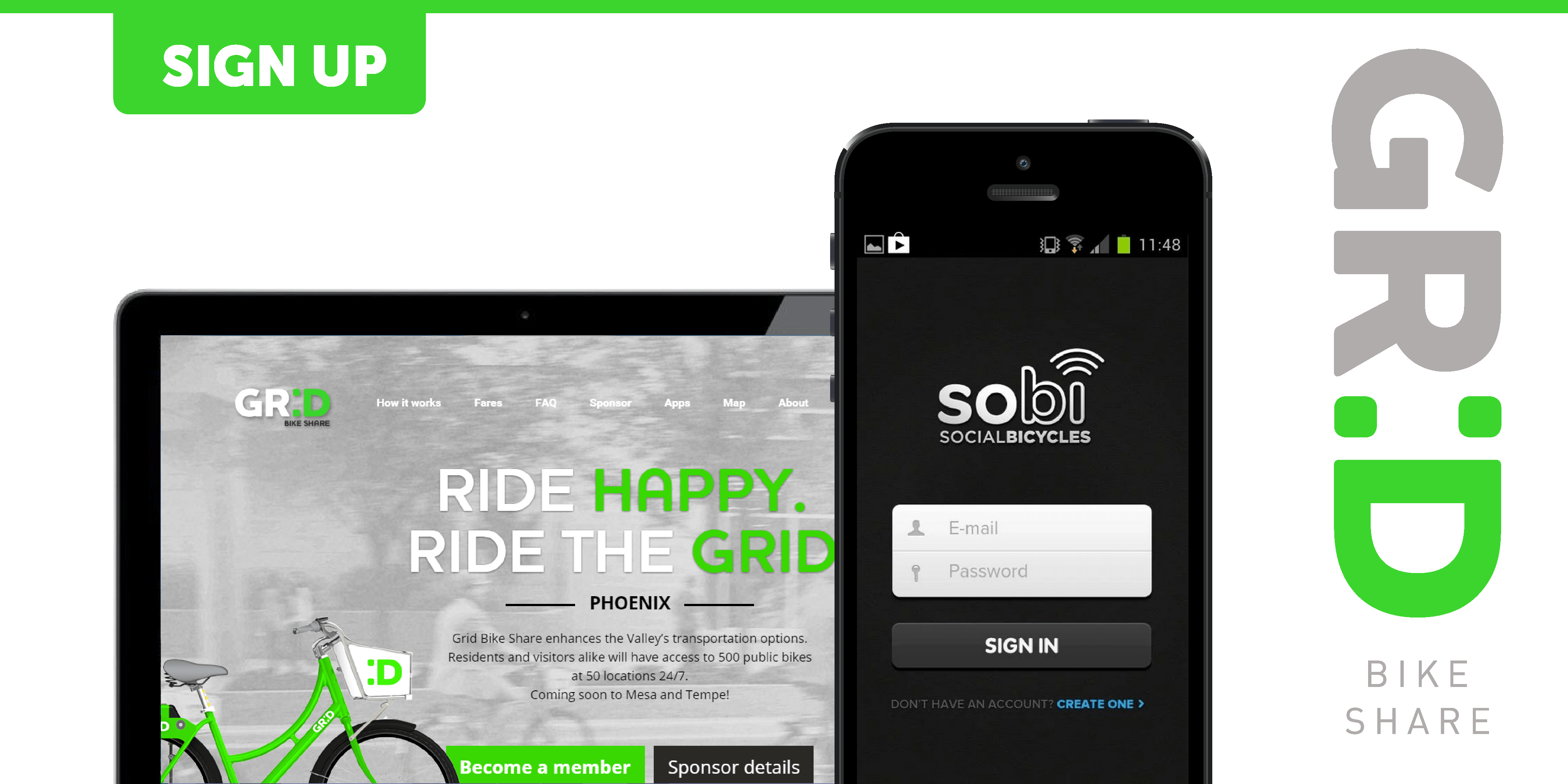 Illustration on how to sign up for the Phoenix Bike Share System, Grid Bikes.