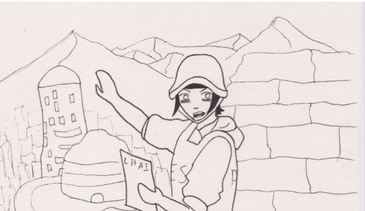A drawing of a Vulcan woman standing in front of city ruins