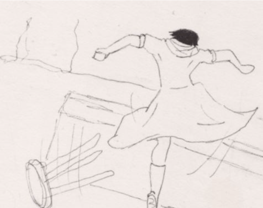 A blurry drawing of a Vulcan woman jumping over an overturned desk
