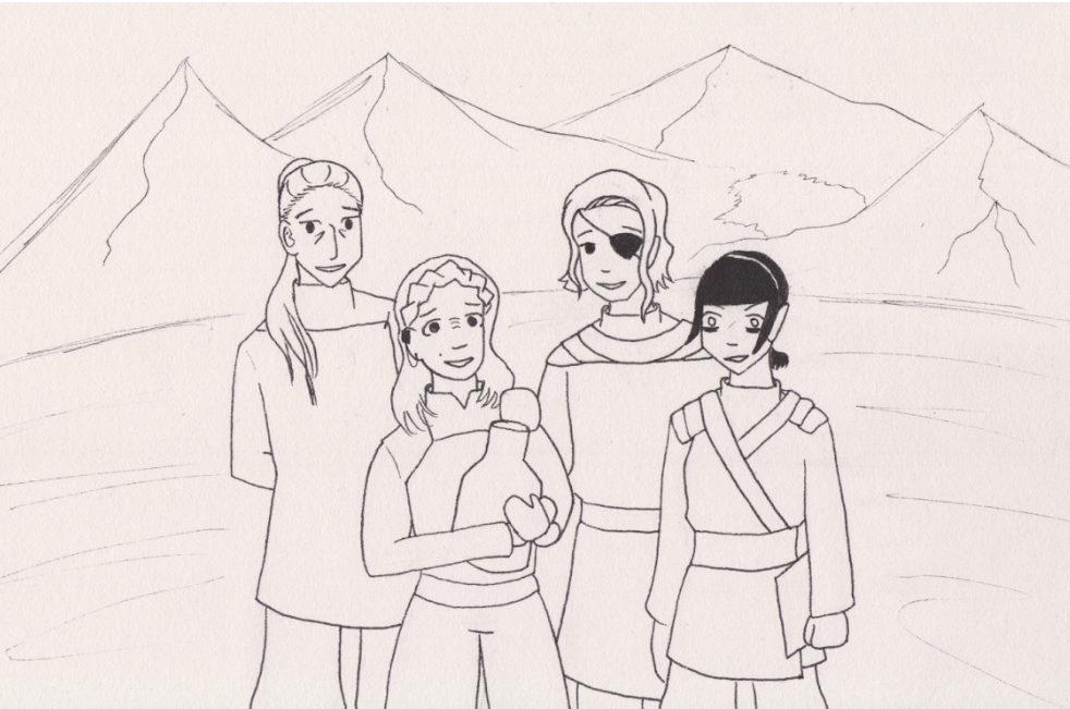 A drawing of four people posing for a picture: two Betazoids, one half Betazoid half Bajoran holding an urn, and one Vulcan