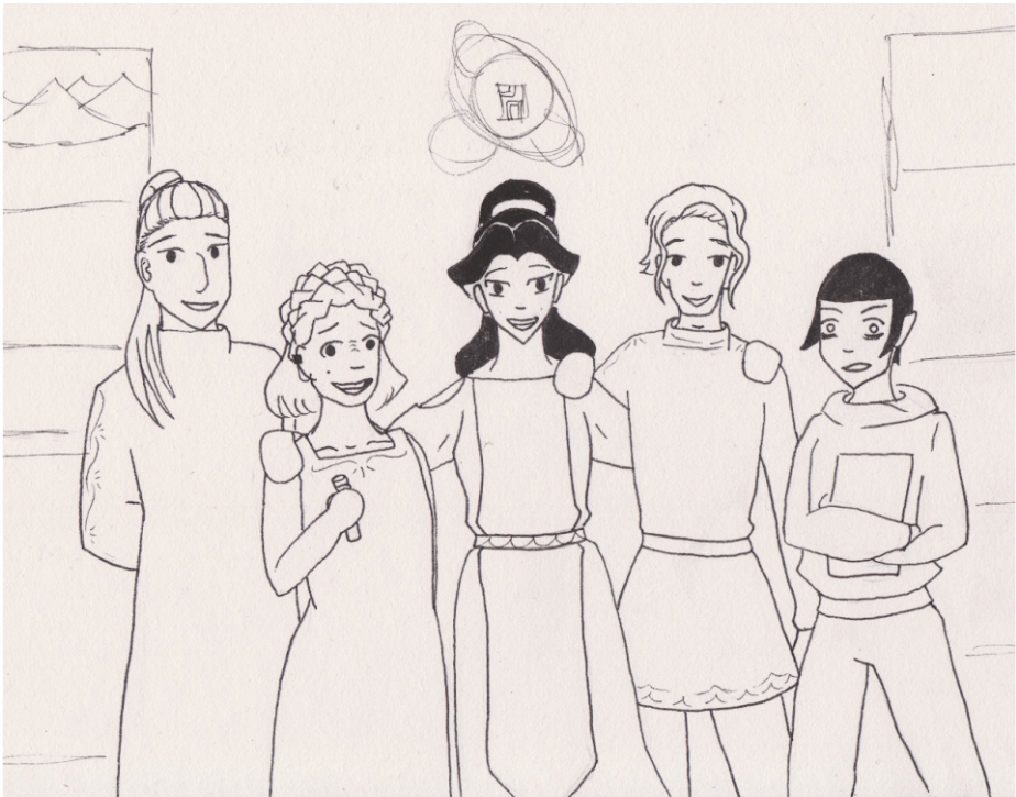A drawing of five people posing for a picture: three Betazoids, one half Betazoid half Bajoran, and one Vulcan