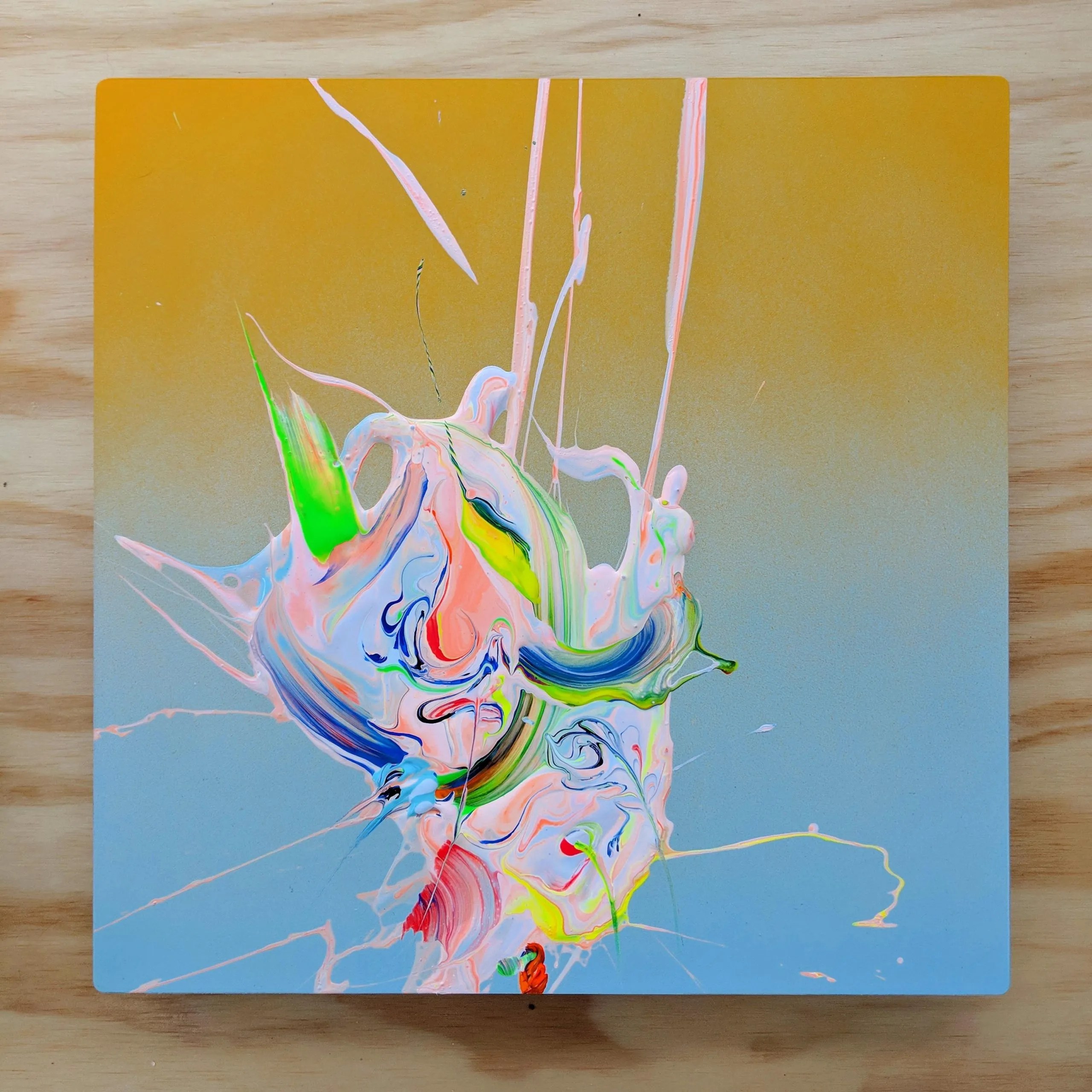 Pretty things take time, 2018 acrylic, spray paint on aluminum 12x12"