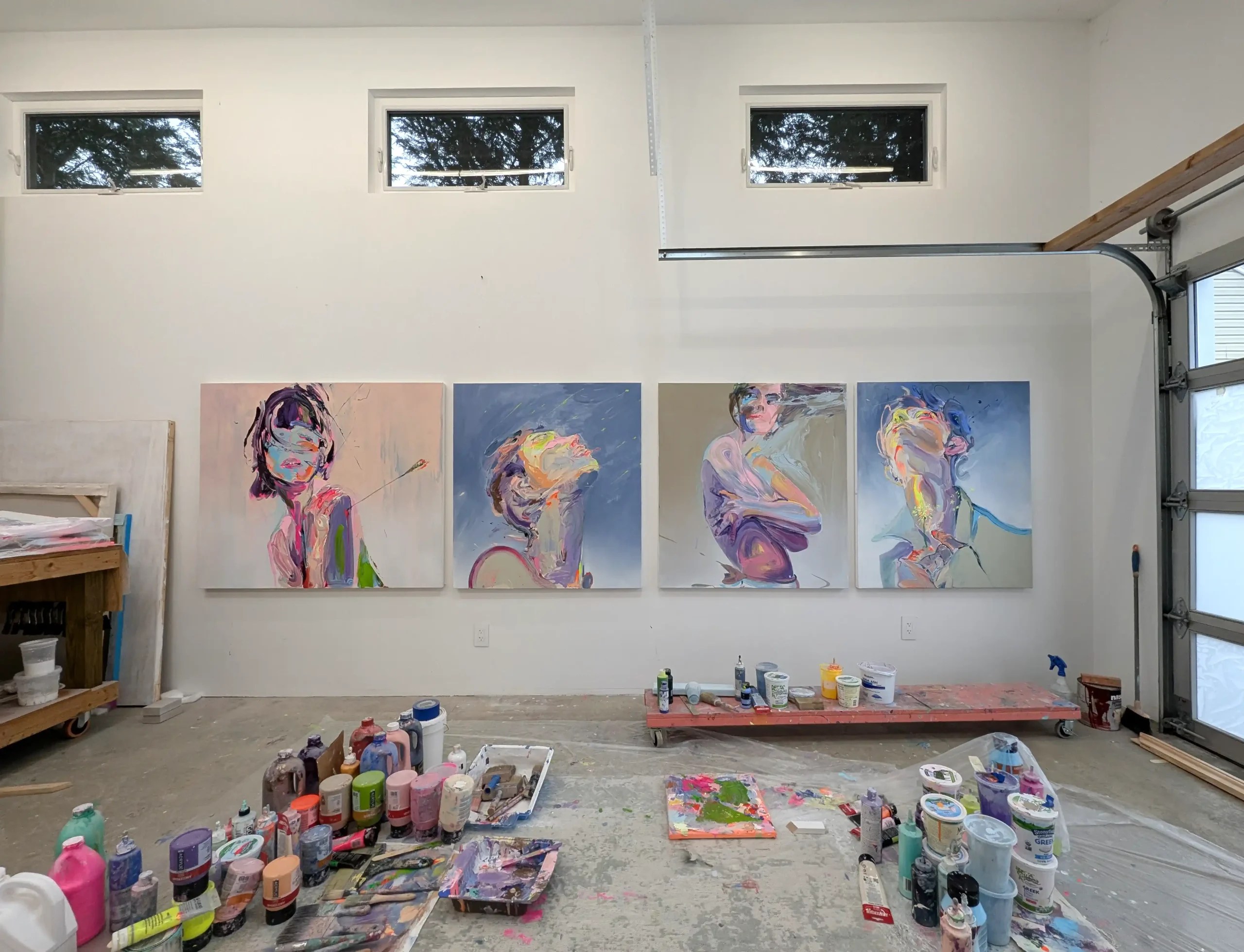 View from Erik Minter's studio with paintings from 'In Time' 2026